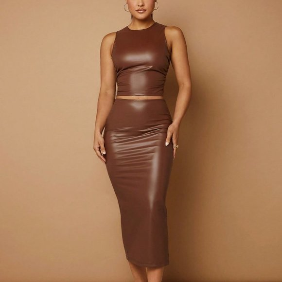 Brown Elegant Womens Solid PU Leather Tank Top & Pencil Skirt - Picture 2 of 5